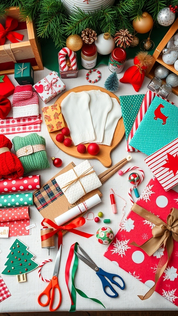 A cozy crafting table with handmade Christmas gifts, including jars of treats, knitted items, and colorful decorations.